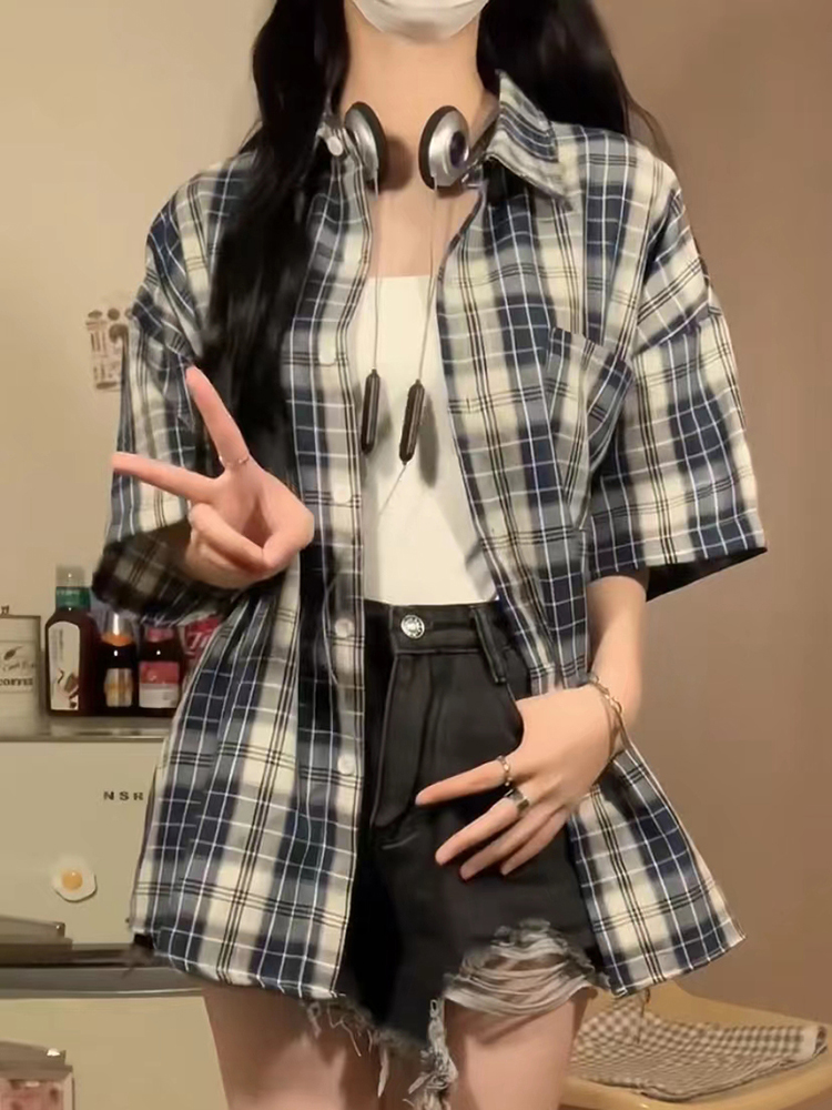 格子上衣女夏短袖