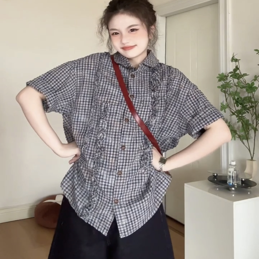 休闲短袖格子小众衬衫女上衣