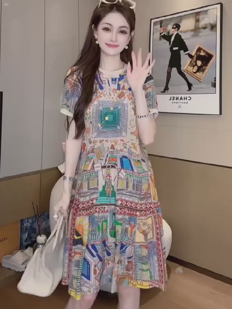 妈妈连衣裙女夏高端真丝印花