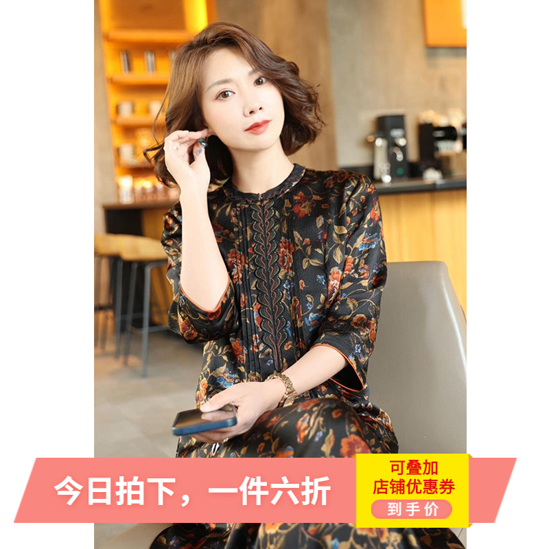 妈妈连衣裙女夏高端真丝印花