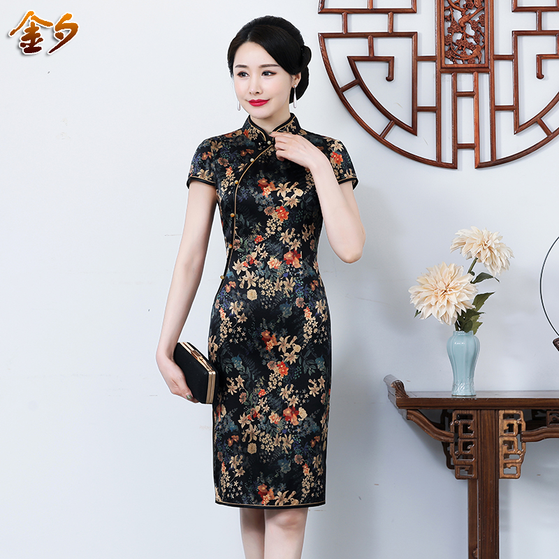 妈妈连衣裙女夏高端真丝印花