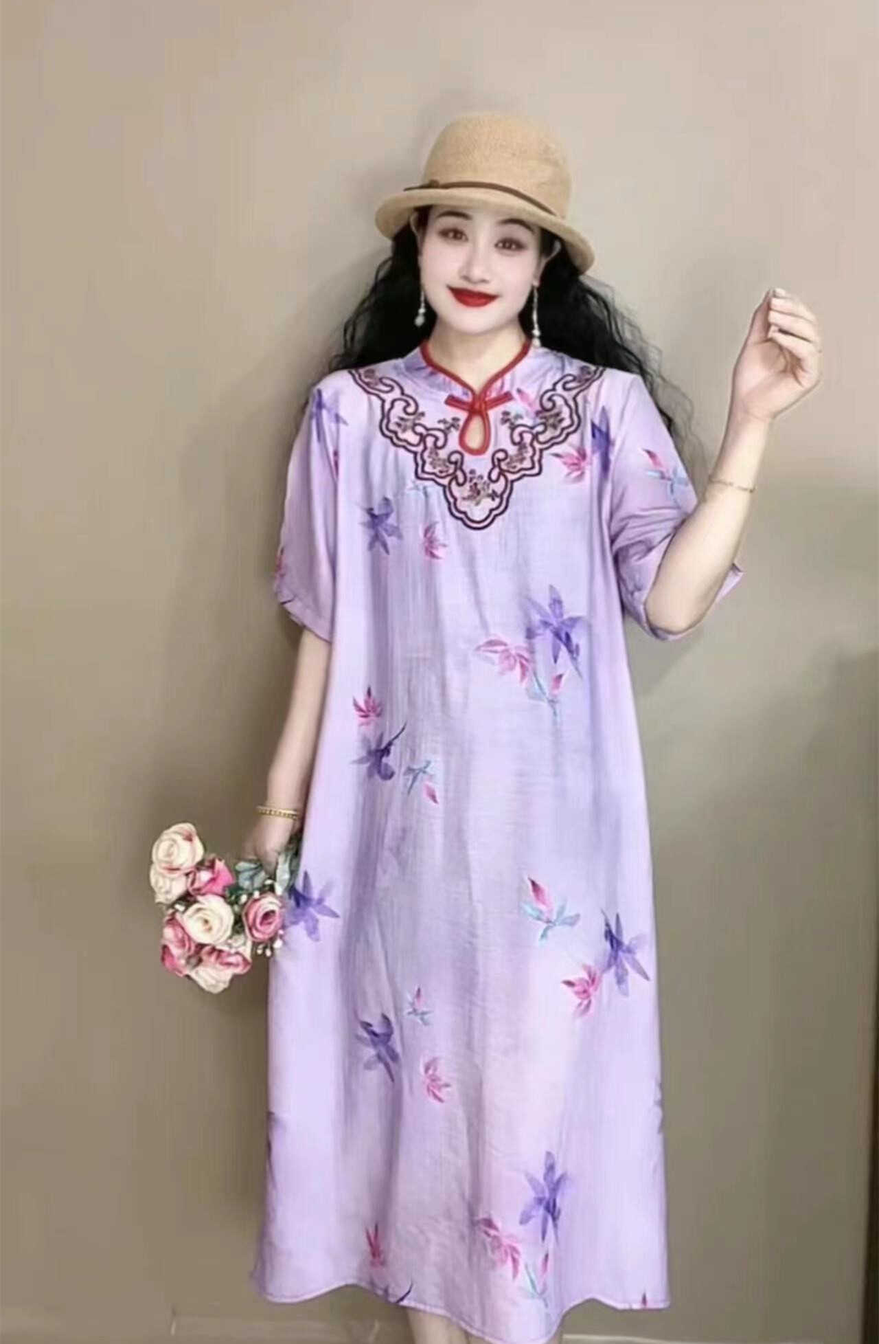 印花苎麻亚麻连衣裙