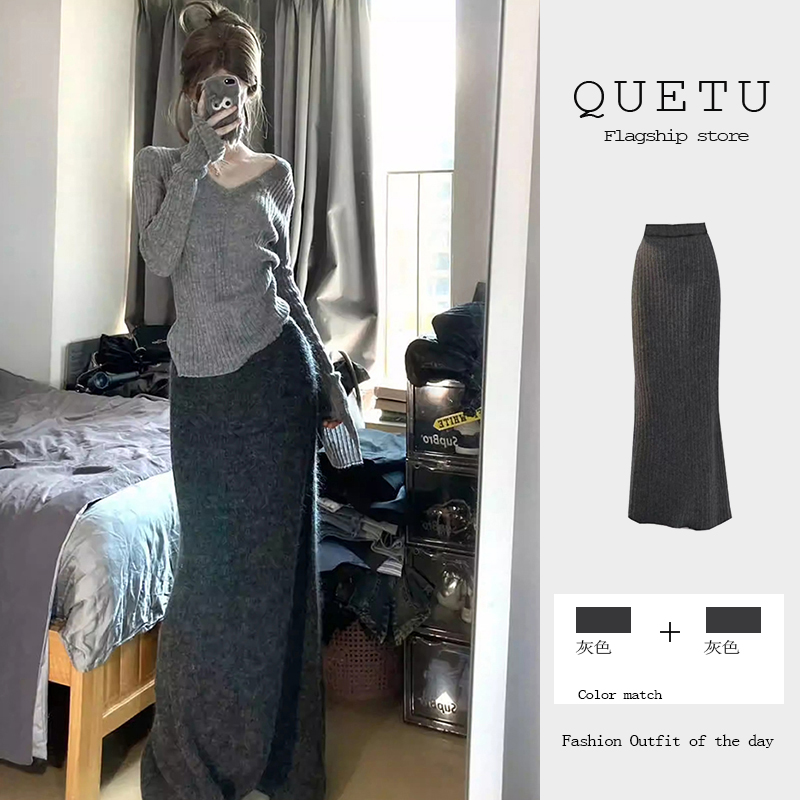 灰色半身裙女秋冬针织