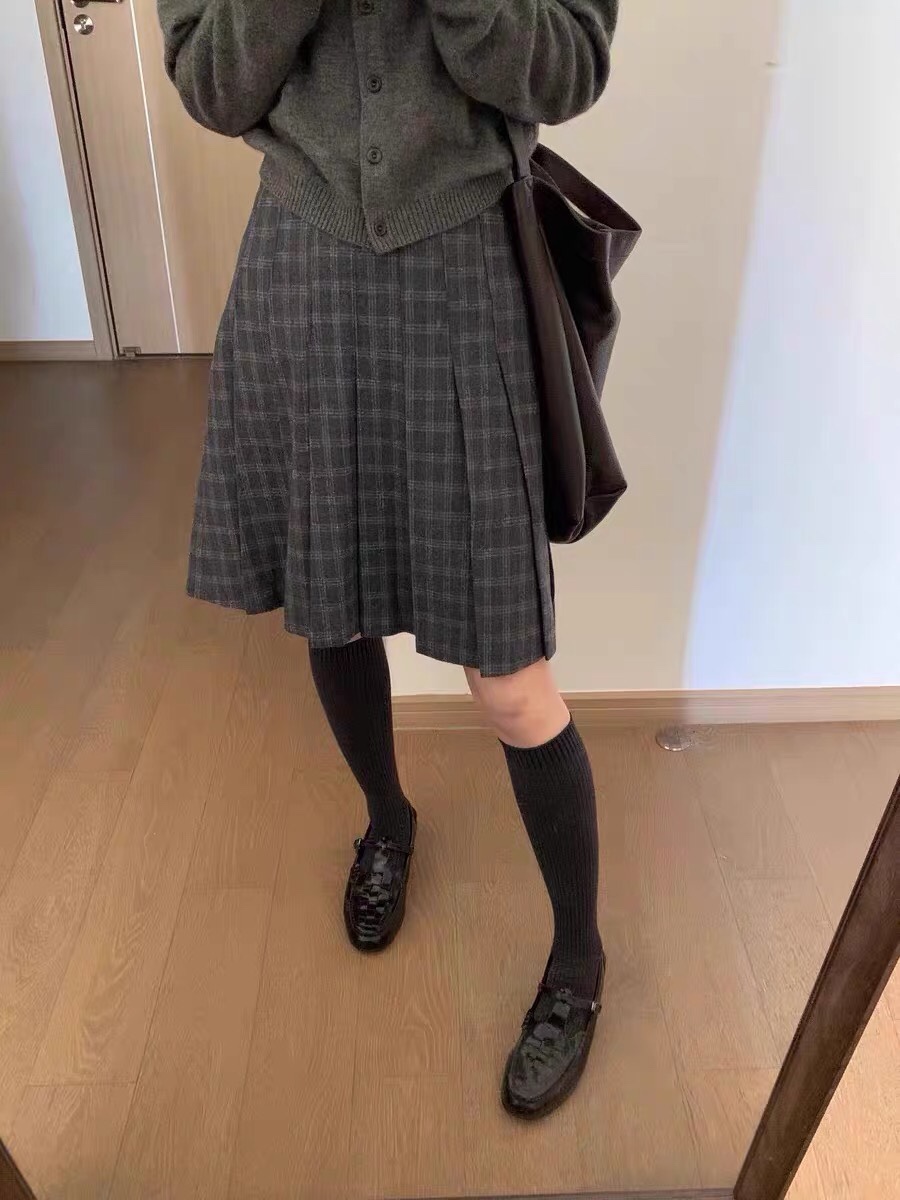 半身裙秋冬a字灰色格子