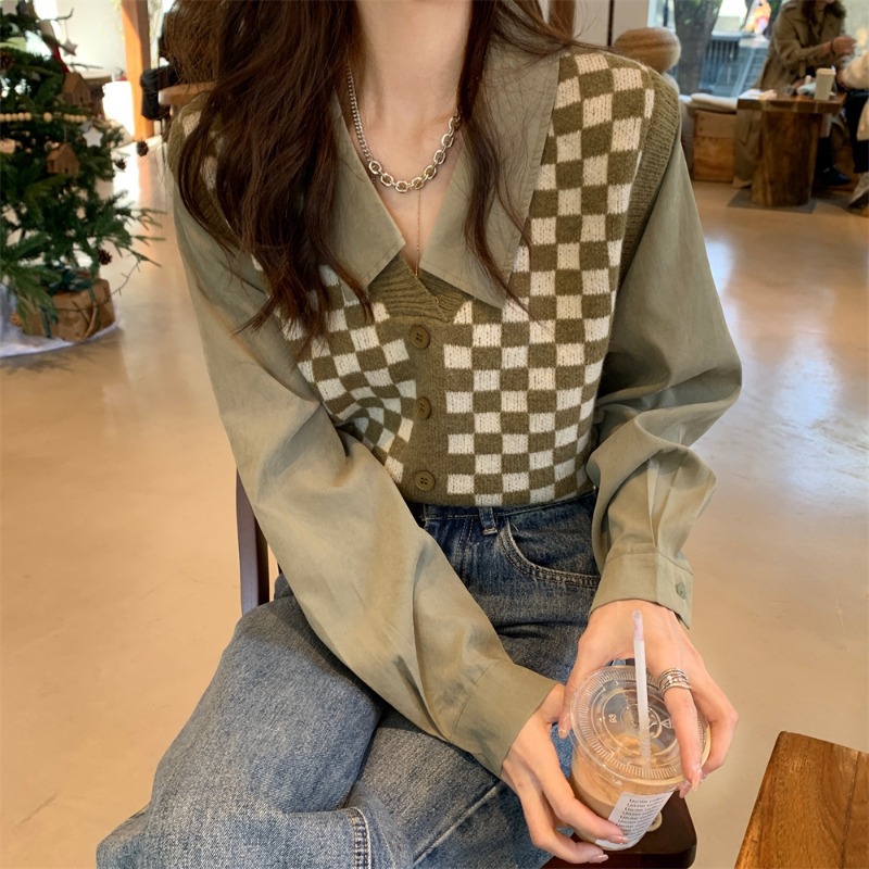 宽松显瘦针织格子假两件衬衫上衣女