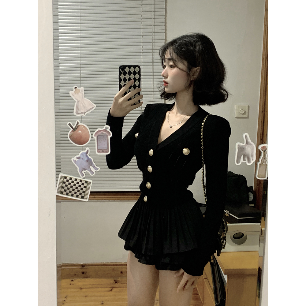 小香风套装女针织上衣蓬蓬半身裙两件套