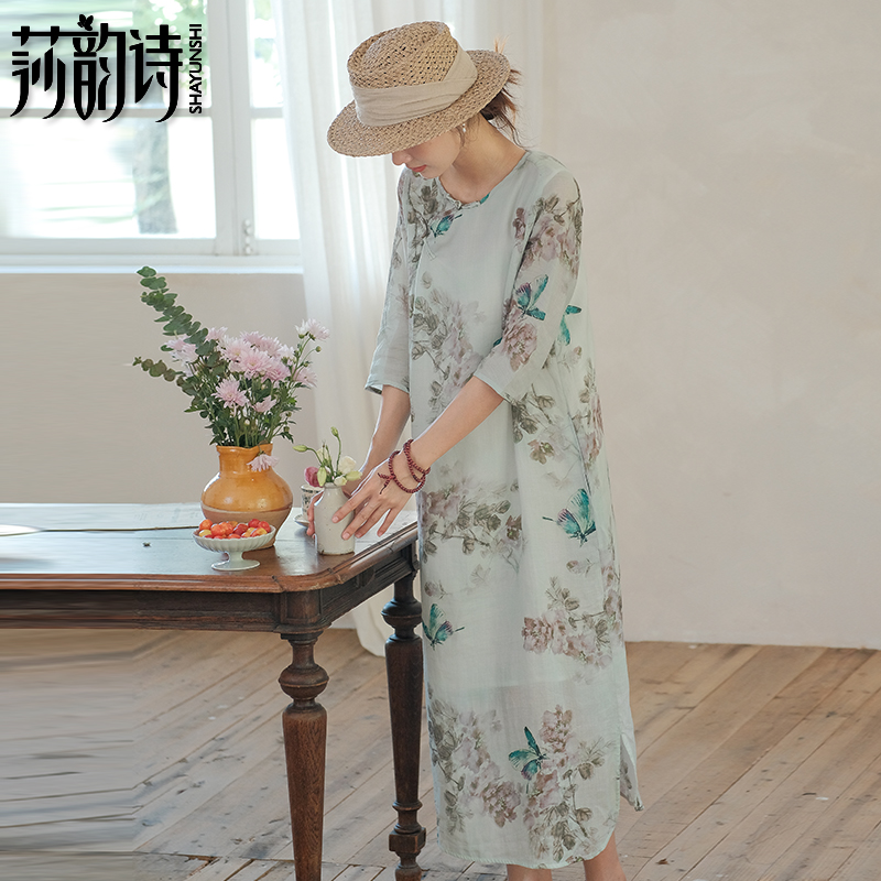 文艺苎麻印花连衣裙女
