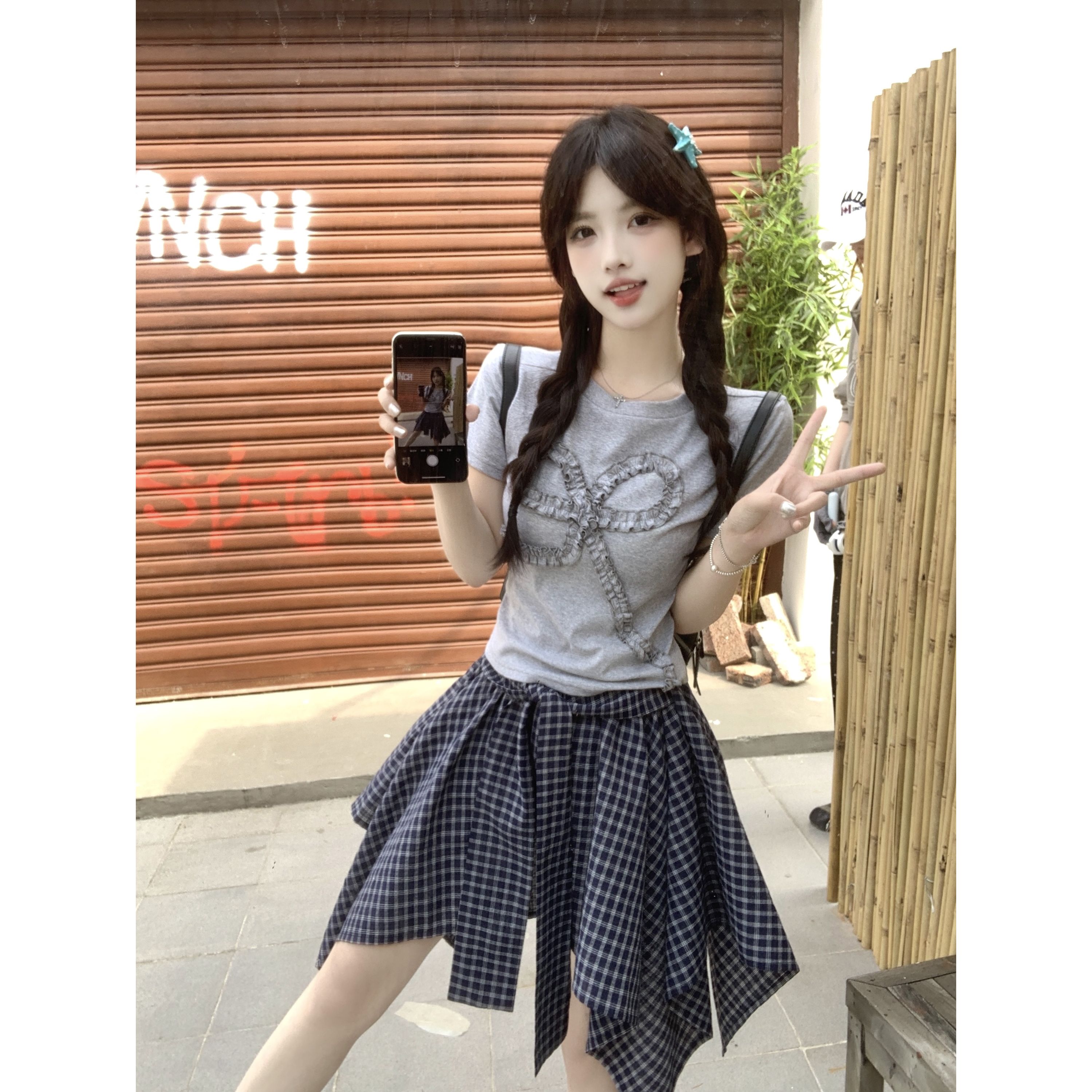 t恤不规则格纹裙套装女