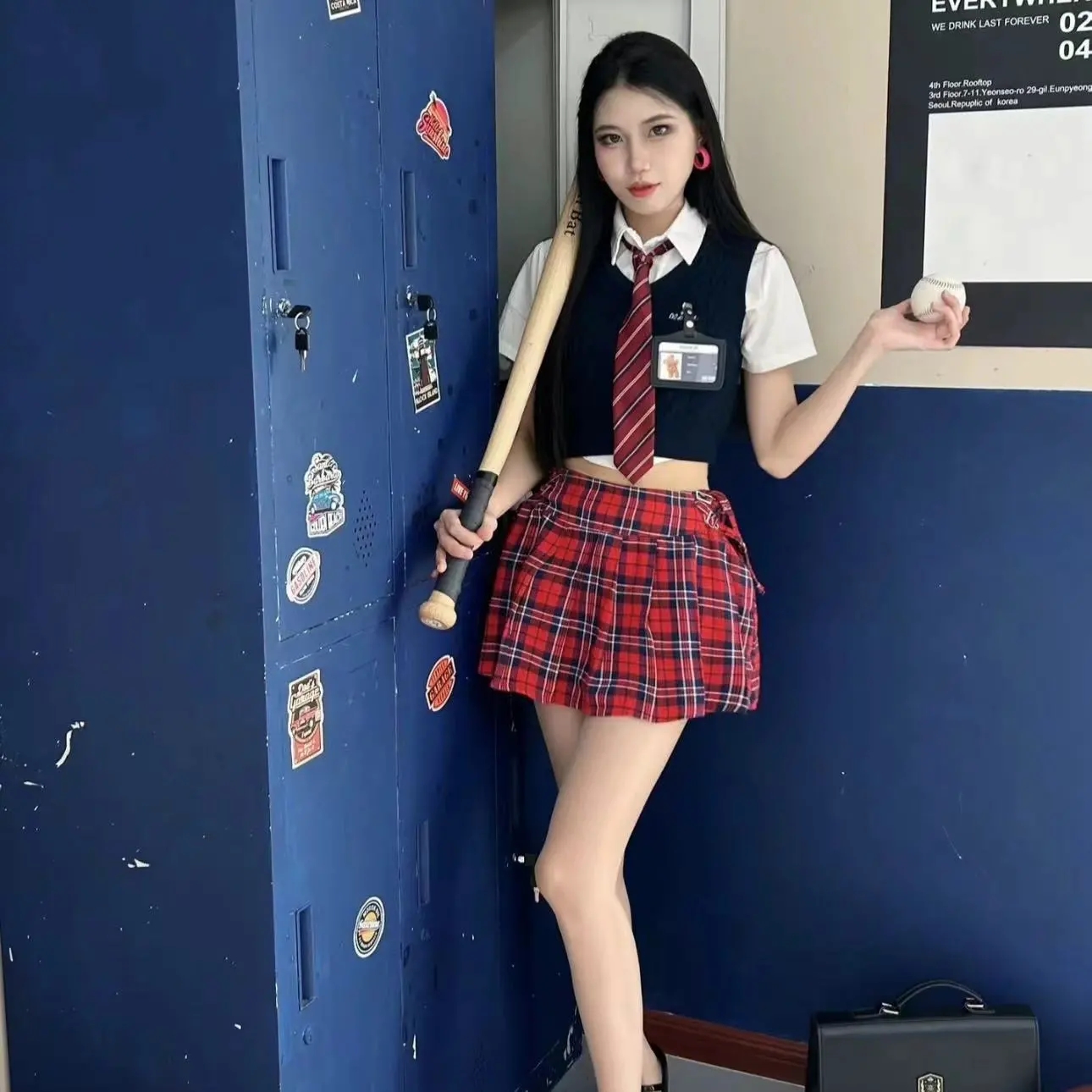 夏季美式制服套装学院风针织格纹裙