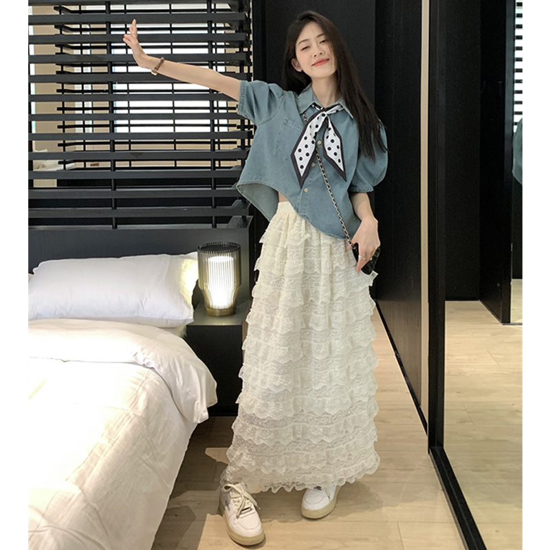 牛仔半身裙大码女胖mm套装