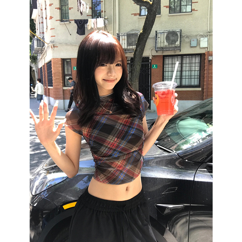格子短袖上衣女夏
