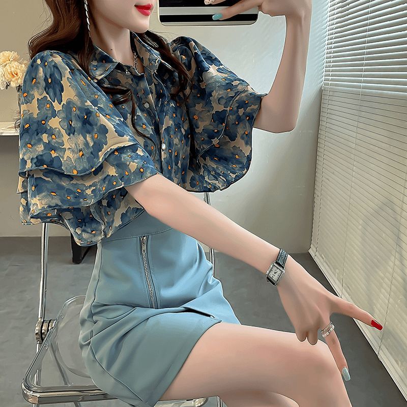 荷叶袖上衣女大码