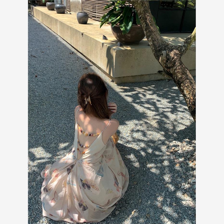 蝴蝶印花吊带连衣裙女夏季收腰长裙