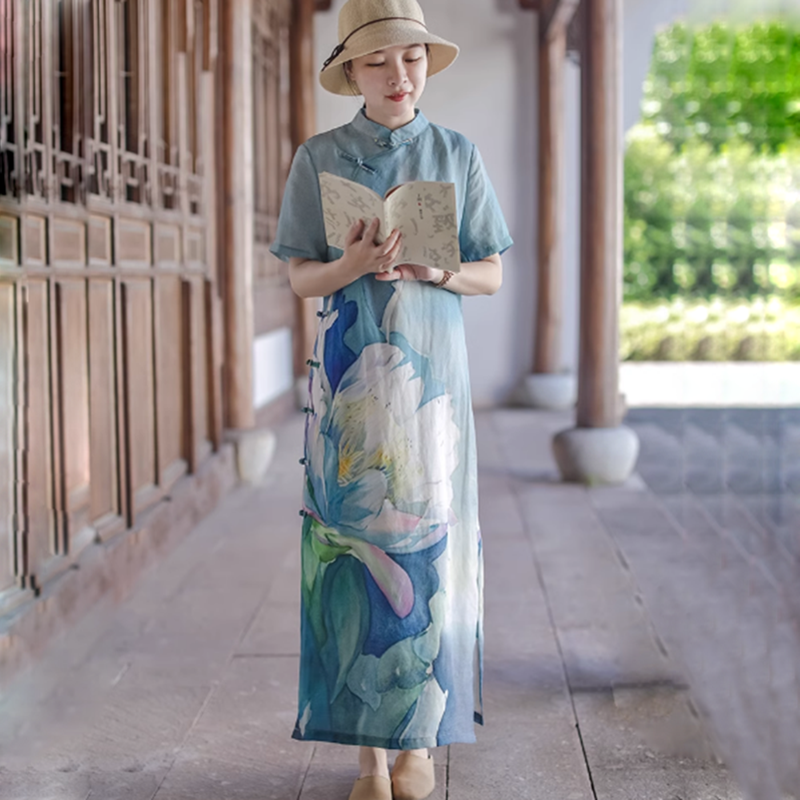中式复古斜襟苎麻印花连衣裙