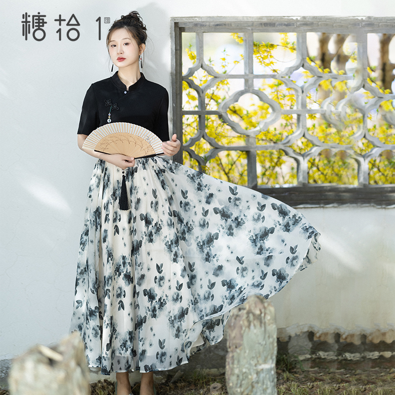 新中式水墨印花盘扣连衣裙女2024夏季