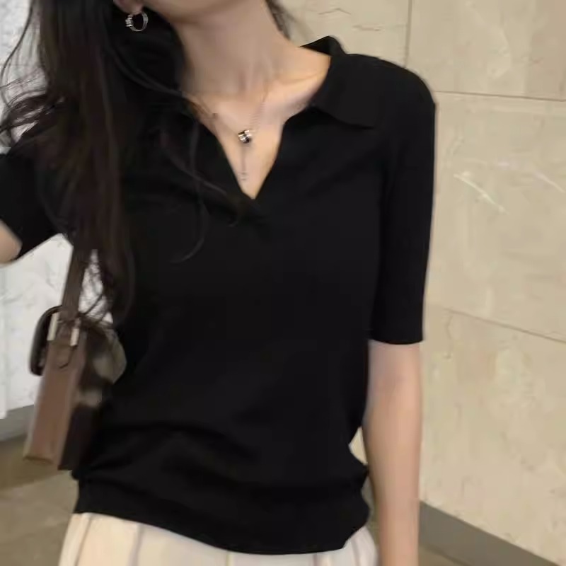 黑色v领冰丝短袖针织t恤女夏季薄款显瘦