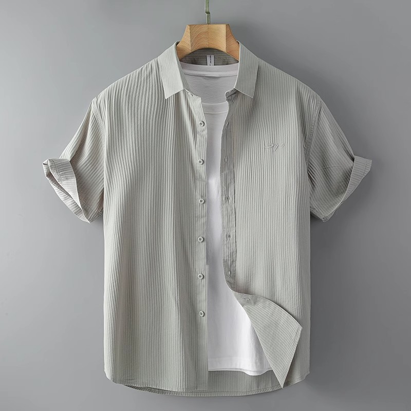 日系条纹白色短袖衬衫男夏季薄款衬衣