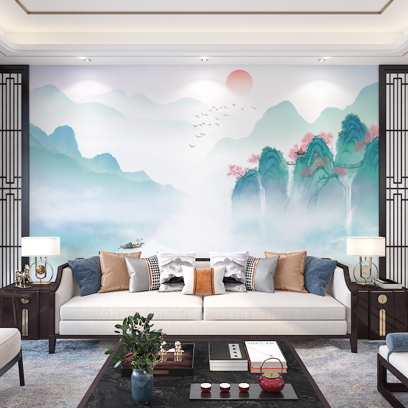 新中式电视背景墙壁纸壁画水墨山水墙纸