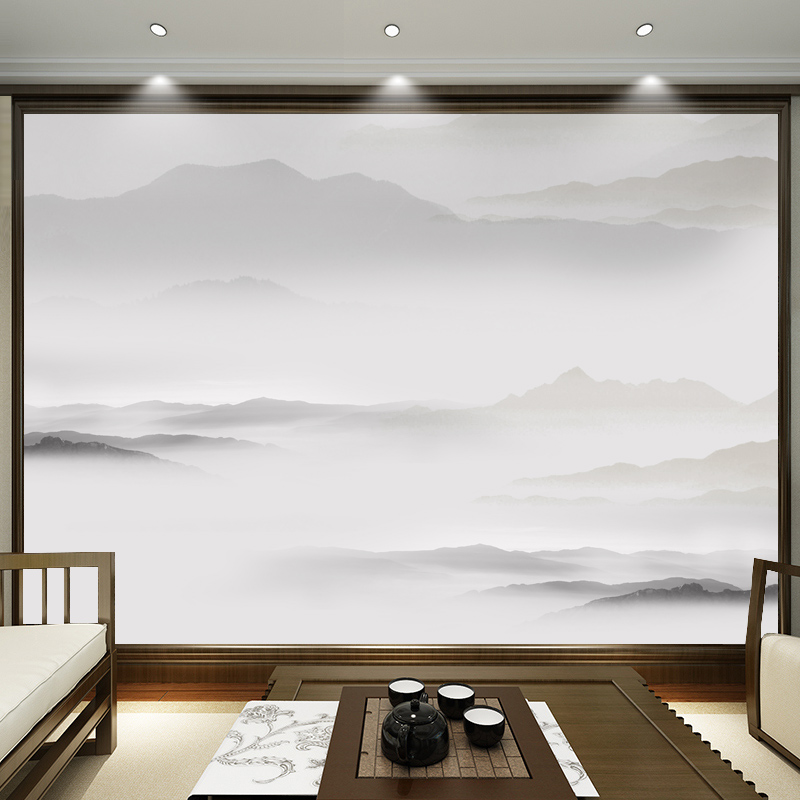 新中式电视背景墙壁纸壁画水墨山水墙纸