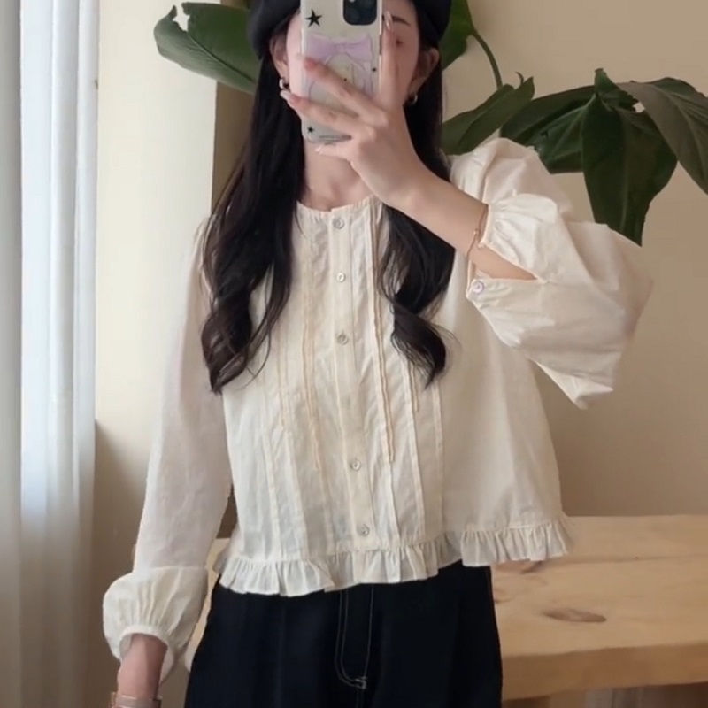 法式荷叶边泡泡袖衬衫女