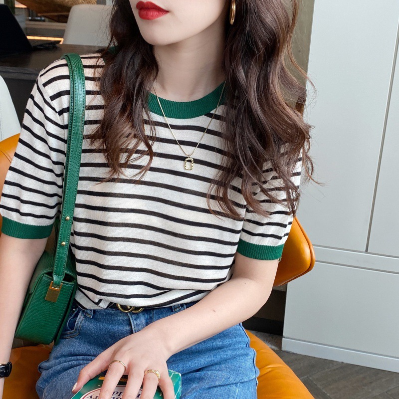 冰丝短袖女夏季韩版修身针织衫半袖上衣