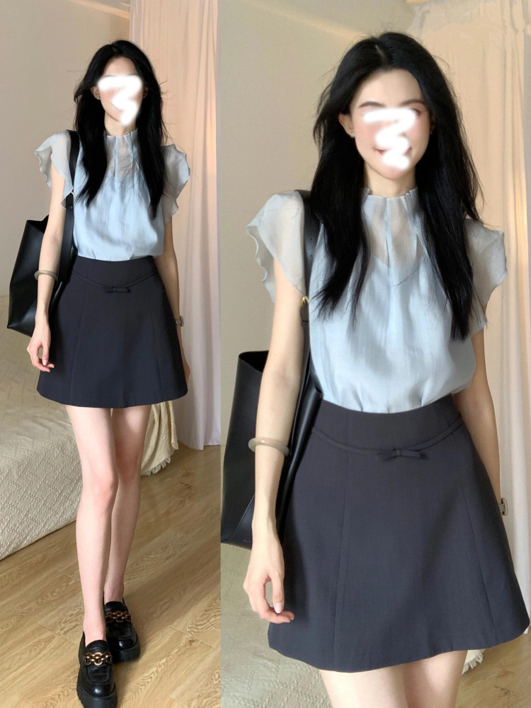 荷叶袖上衣女蓝色