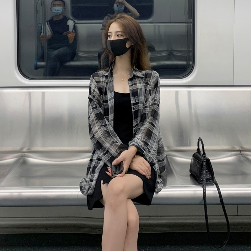 格子上衣女夏雪纺