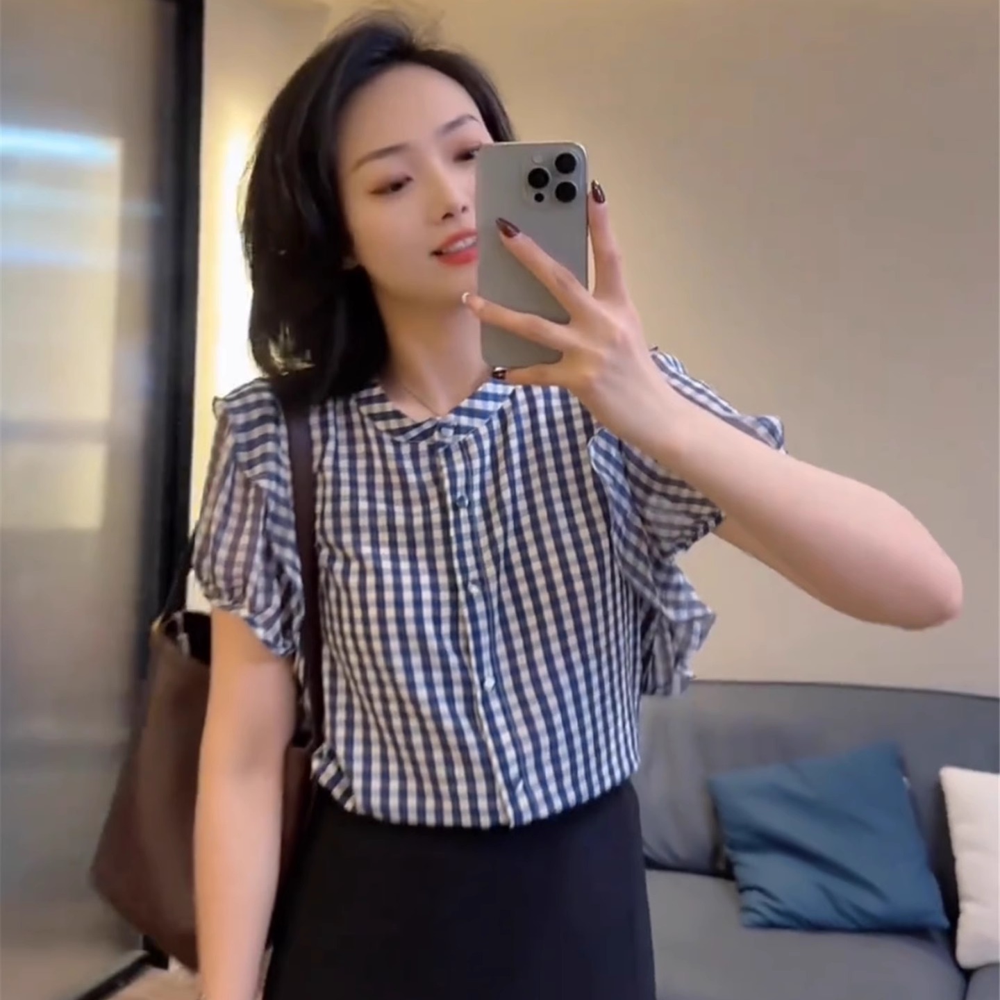 格子上衣女夏雪纺