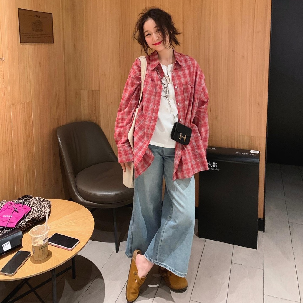 红色格子上衣女夏