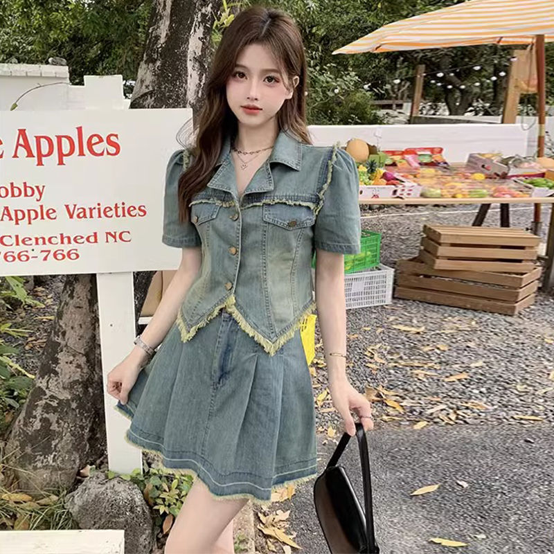 牛仔半身裙套装大码胖mm夏