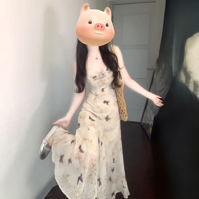 法式蝴蝶印花连衣裙女2024夏季新款