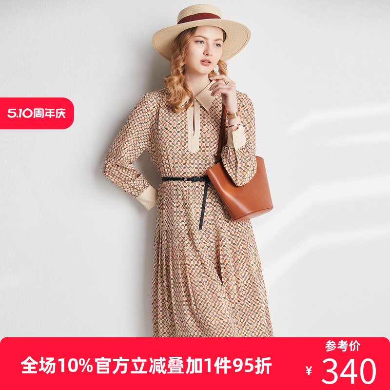 复古法式印花真丝连衣裙