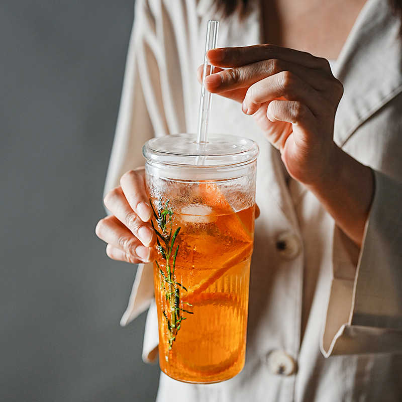 柠檬茶玻璃杯大容量带吸管