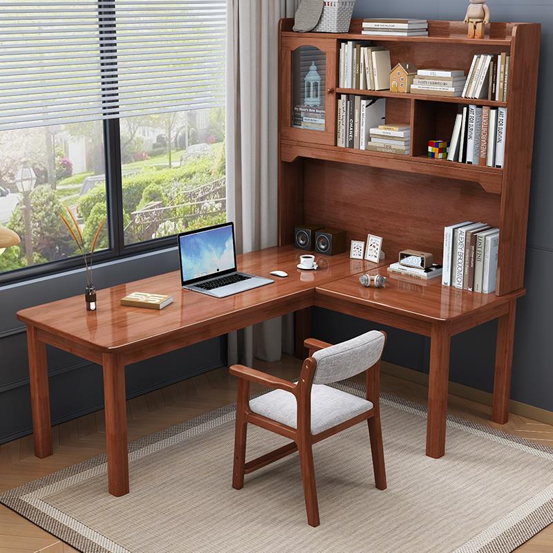 实木转角书桌书架一体l型电脑桌