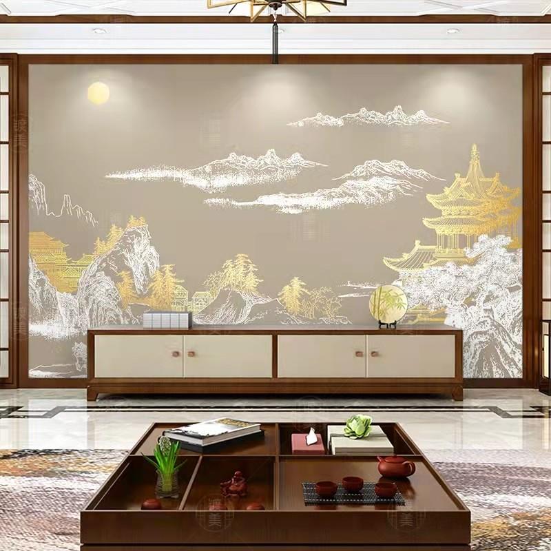新中式山水画电视背景墙壁纸客厅卧室