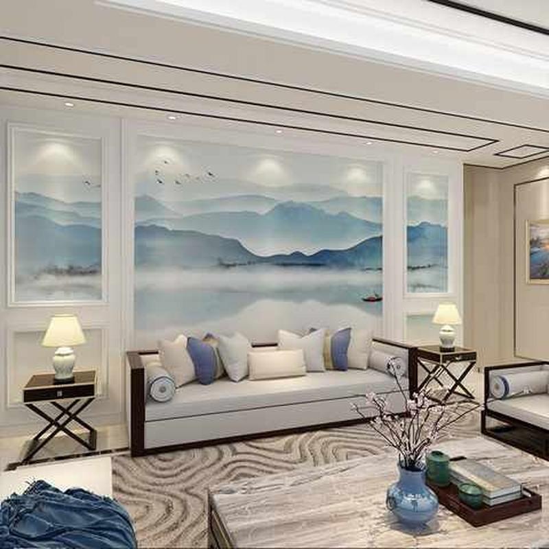 新中式山水画电视背景墙壁纸客厅卧室