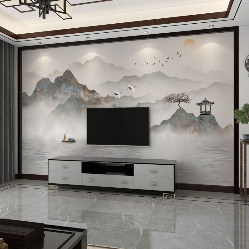 中式山水画背景墙壁画电视墙壁纸墙布