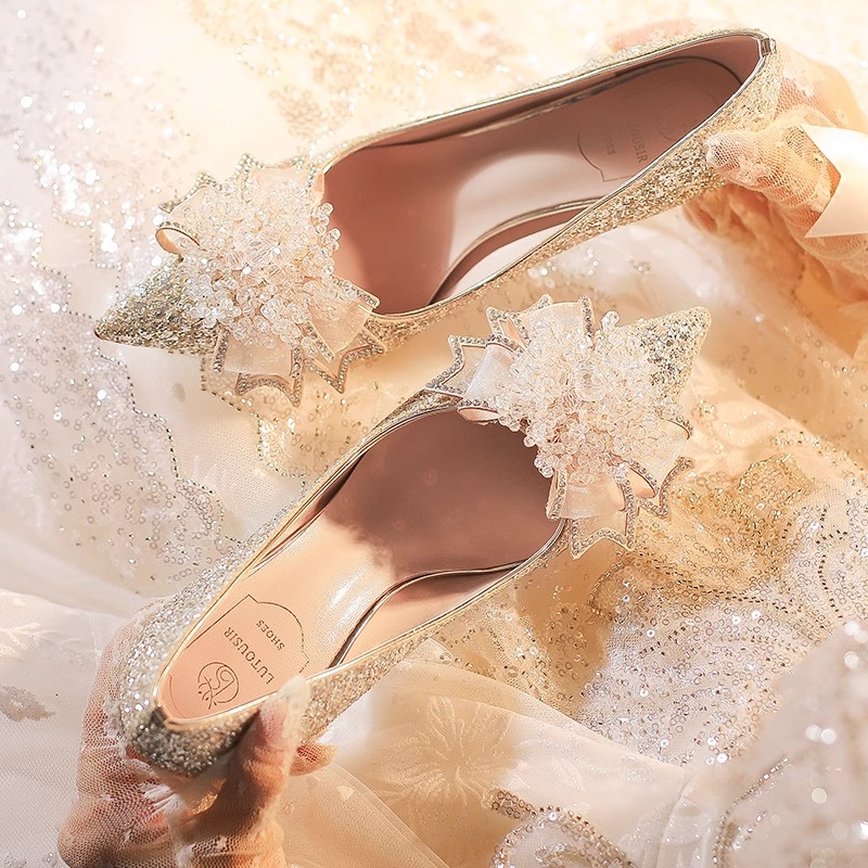 法式水晶香槟色蝴蝶结高跟鞋女婚鞋