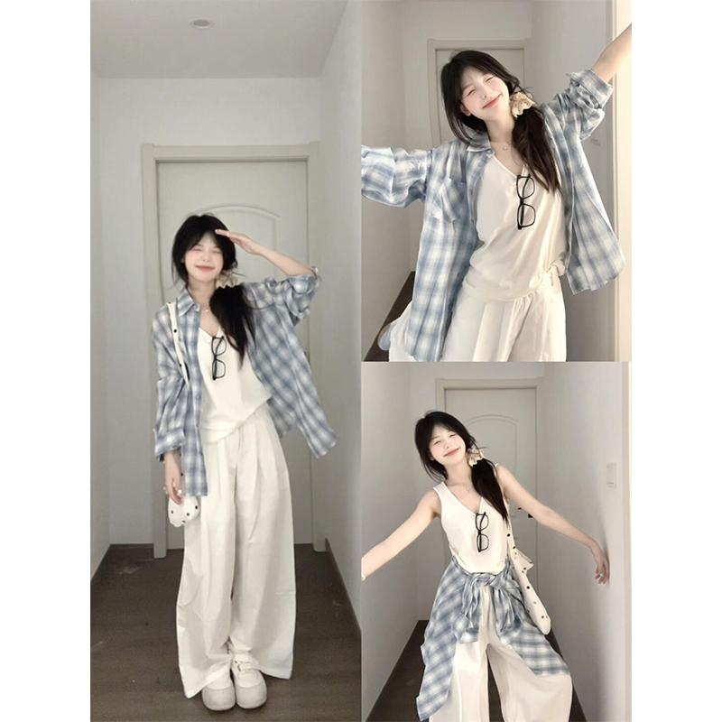 格子长袖衬衫上衣女春秋防晒衣