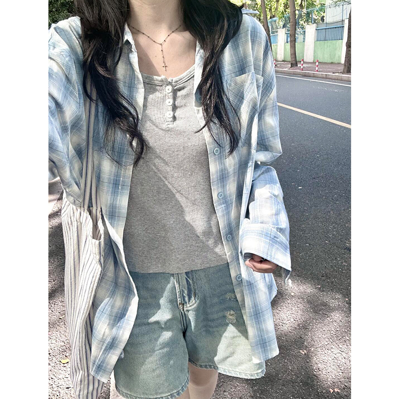 格子长袖衬衫上衣女春秋防晒衣