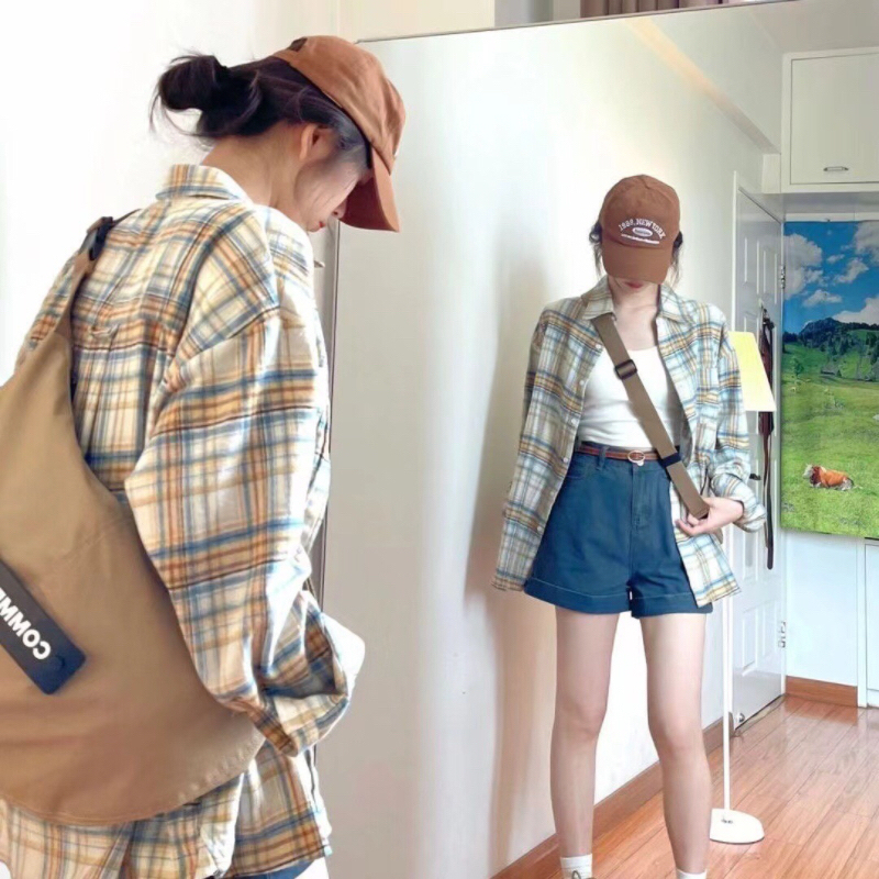 格子长袖衬衫上衣女春秋防晒衣