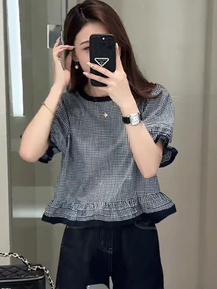 格子上衣女夏款泡泡袖