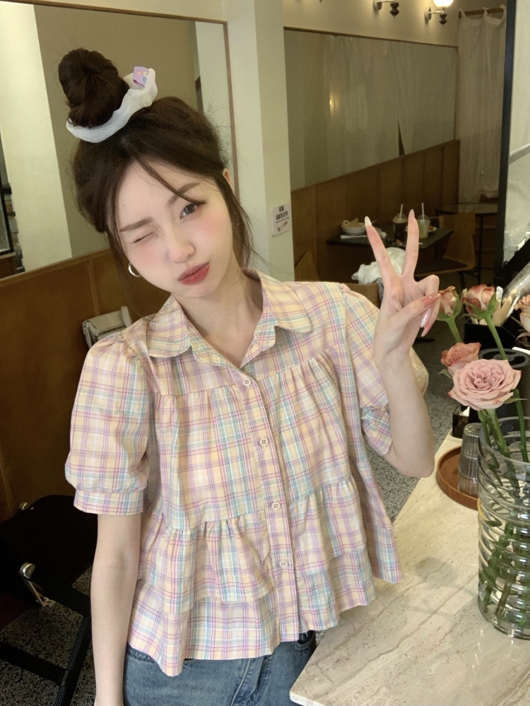 格子上衣女夏娃娃衫