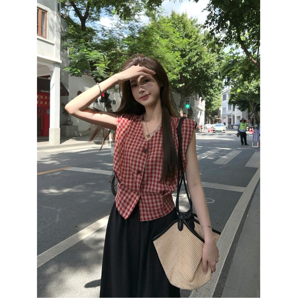 格子上衣女夏v领