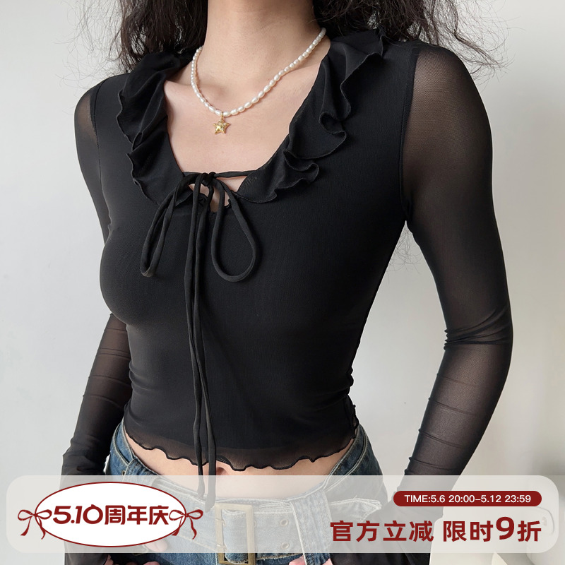 荷叶袖上衣黑色