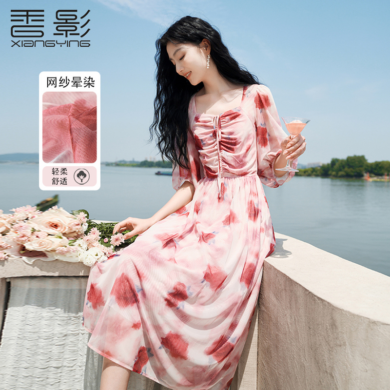 印花连衣裙中长款中袖