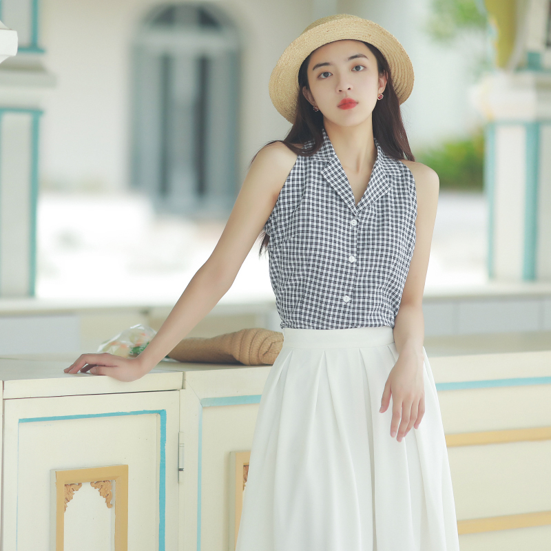格子上衣女夏黑白