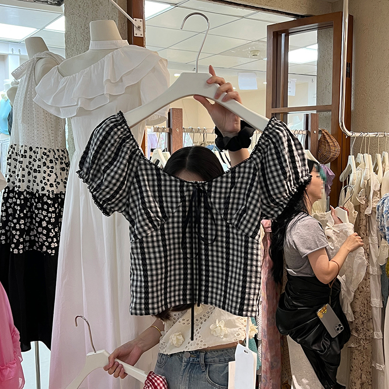 格子上衣女夏黑白