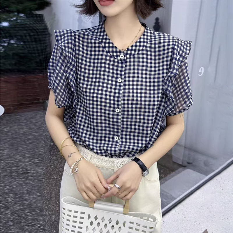 雪纺上衣女夏格子